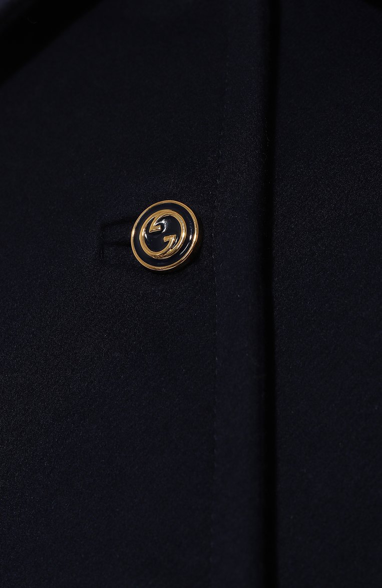 Женское шерстяное пальто GUCCI темно-синего цвета, арт. 626300 ZHW03 | Фото 5 (Рукава: Длинные; Материал внешний: Шерсть; Драгоценные камни: Проставлено; Материал сплава: Проставлено; Длина (верхняя одежда): До середины бедра; Стили: Ретро; 1-2-бортные: Однобортные)