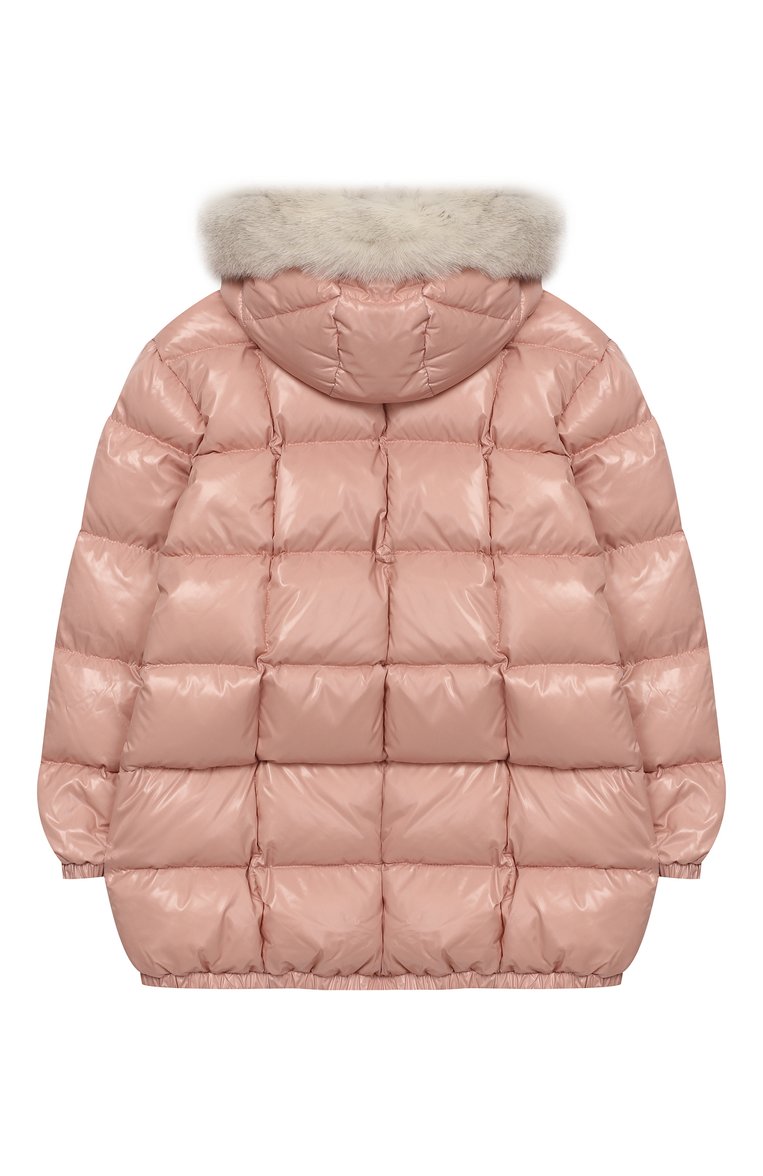 Детская пуховик с меховой отделкой parana MONCLER ENFANT розового цвета, арт. E2-954-46322-25-C0067/8-10A | Фото 2 (Статус проверки: Проверена категория; Материал внешний: Синтетический материал; Рукава: Длинные; Материал утеплителя: Пух и перо; Материал подклада: Синтетический материал; Девочки Кросс-КТ: Пуховик-верхняя одежда; Кросс-КТ: Зима; Материал сплава: Проставлено; Драгоценные камни: Проставлено; Ростовка одежда: 8 лет | 128 см)