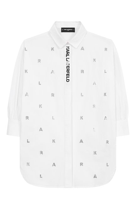 Детское хлопковое платье-рубашка KARL LAGERFELD KIDS белого цвета, арт. Z30463 | Фото 1 (Материал сплава: Проставлено; Материал внешний: Хлопок; Рукава: Длинные; Драгоценные камни: Проставлено)