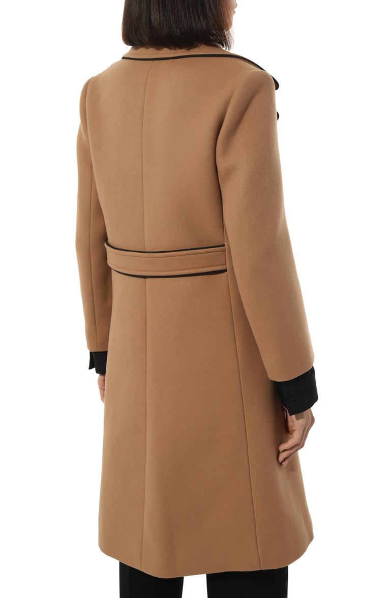 Женское шерстяное пальто GUCCI коричневого цвета, арт. 652015 ZAAL6 | Фото 4 (Рукава: Длинные; Материал внешний: Шерсть; Длина (верхняя одежда): До колена; 1-2-бортные: Однобортные; Стили: Кэжуэл)