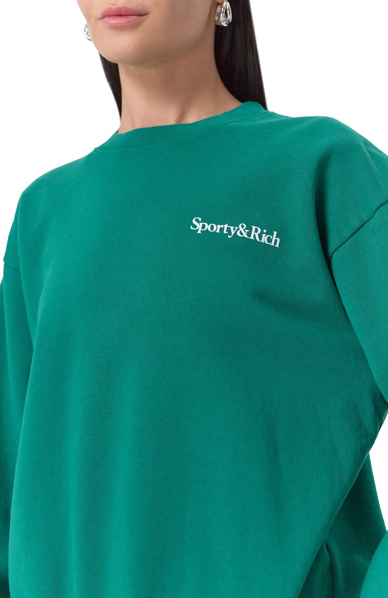 Женский хлоп�ковый свитшот SPORTY AND RICH зеленого цвета, арт. ST071516300GR03 | Фото 5 (Длина (для топов): Стандартные; Рукава: Длинные; Стили: Спорт-шик; Женское Кросс-КТ: Свитшот-одежда; Материал внешний: Хлопок)