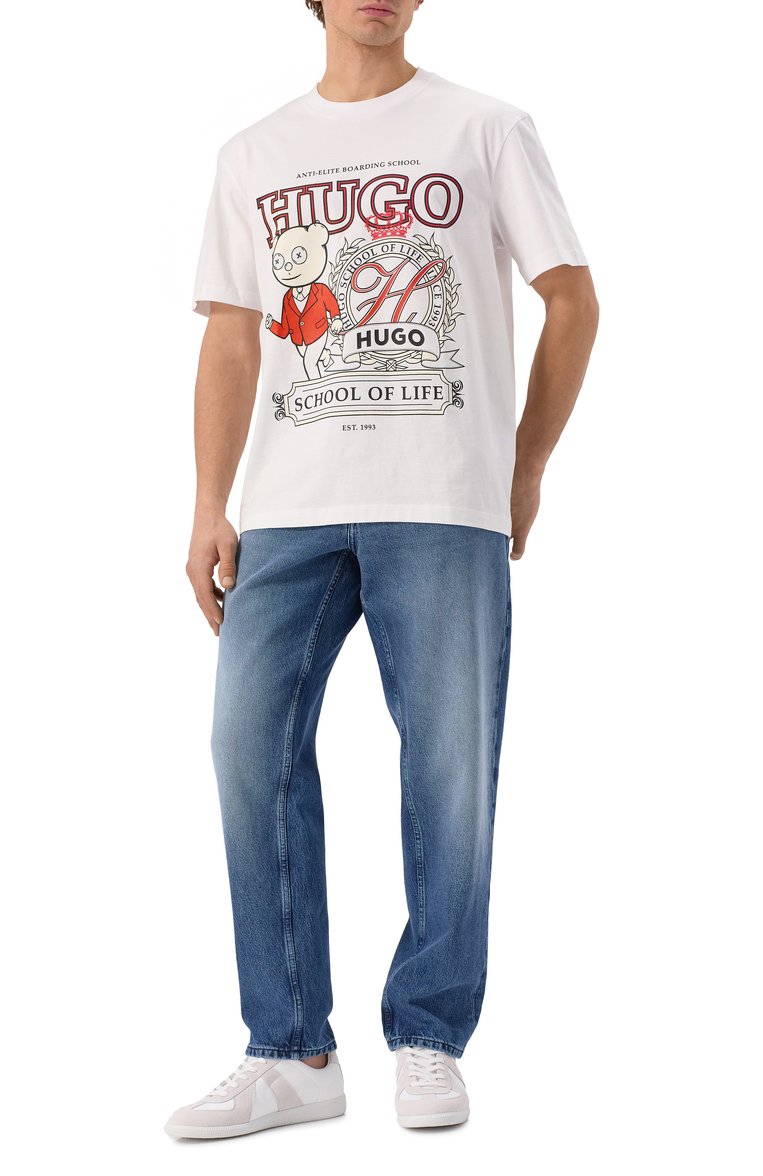 Мужские джинсы tapered fit HUGO синего цвета, арт. 50537707 | Фото 2 (Материал внешний: Хлопок, Деним; Длина (брюки, джинсы): Стандартные; Силуэт М (брюки): Широкие; Кросс-КТ: Деним; Детали: Делаве; Стили: Повседневный; Автоматизация ТО: Проставлено; Автоматизация состава: Проставлено)