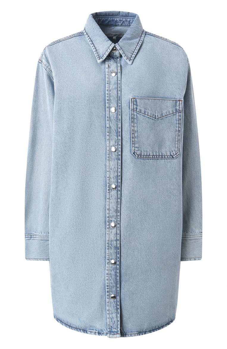 Женская джинсовая рубашка FRAME DENIM голубого цвета, арт. WP25DDR002 | Фото 1 (Рукава: Длинные; Драгоценные камни: Проставлено; Материал сплава: Проставлено; Длина (для топов): Удлиненные; Принт: Без принта; Материал внешний: Деним, Хлопок; Стили: Кэжуэл; Кросс-КТ: Деним; Женское Кросс-КТ: Рубашка-одежда)