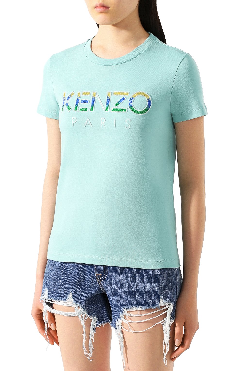 Хлопковая футболка KENZO бирюзового цвета по цене 21150 руб., арт. FA52TS821936, фото 3 Хлопковая футболка KENZO, арт. FA52TS821936, фото 3
