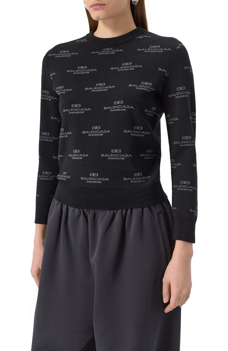 Женский пуловер из шерсти и хлопка BALENCIAGA черного цвета, арт. 812576/T1724 | Фото 3 (Материал внешний: Шерсть, Хлопок; Длина (для топов): Стандартные; Рукава: Длинные; Женское Кросс-КТ: Пуловер-одежда; Стили: Гранж)