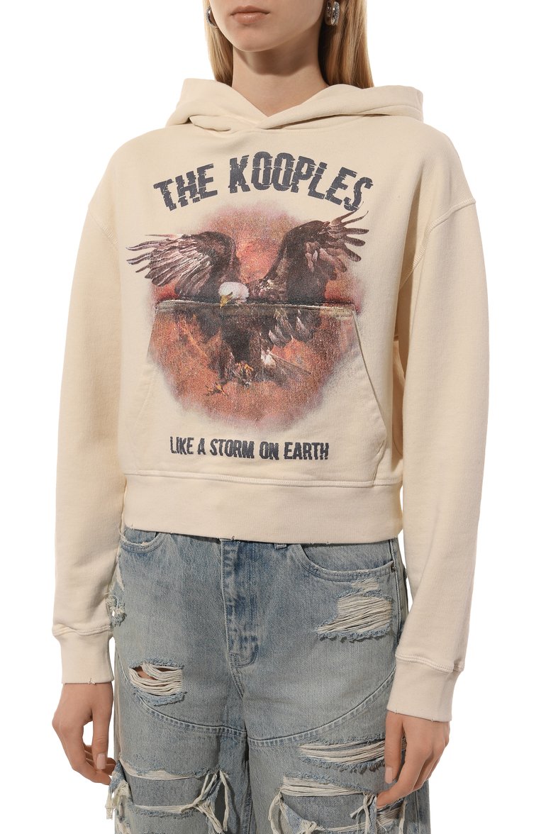 Женский хлопковое худи THE KOOPLES кремового цвета, арт. FSWE29023K | Фото 3 (Рукава: Длинные; Длина (для топов): Стандартные; Материал сплава: Проставлено; Драгоценные камни: Проставлено; Стили: Гранж; Женское Кросс-КТ: Худи-одежда; Материал внешний: Хлопок)