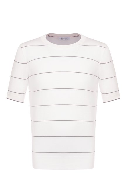Мужской хлопковый джемпер BRUNELLO CUCINELLI белого цвета, арт. M29805300 | Фото 1 (Стили: Кэжуэл; Принт: Без принта; Мужское Кросс-КТ: Джемперы; Материал внешний: Хлопок; Рукава: Короткие; Материал сплава: Проставлено; Длина (для топов): Стандартные; Драгоценные камни: Проставлено; Вырез: Круглый)