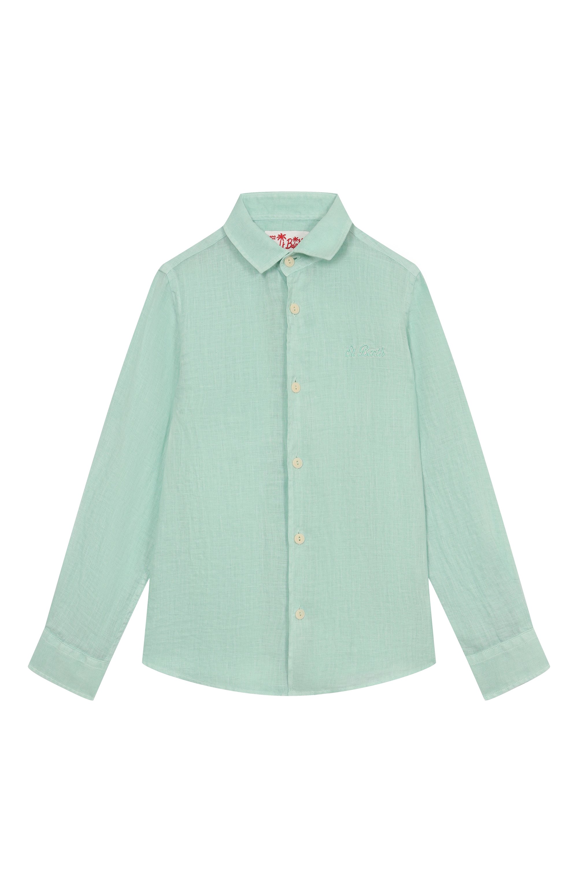 Льняная рубашка MC2 SAINT BARTH светло-зеленого цвета по цене 14300 руб., арт. AGNES/00308H, фото 1 Льняная рубашка MC2 SAINT BARTH, арт. AGNES/00308H, фото 1