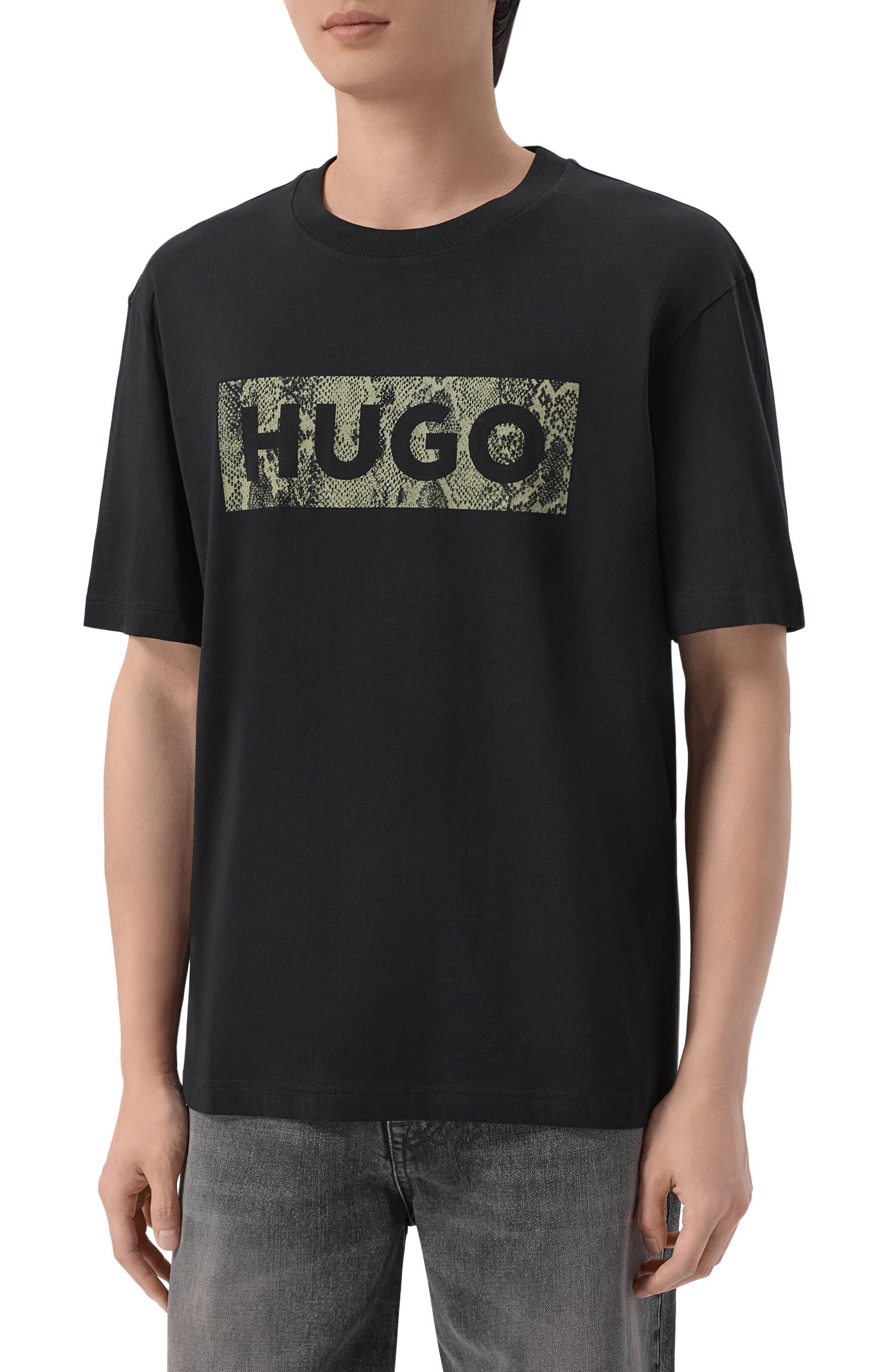 Хлопковая футболка HUGO BLUE черного цвета по цене 5475 руб., арт. 50566041, фото 3 Хлопковая футболка HUGO BLUE, арт. 50566041, фото 3