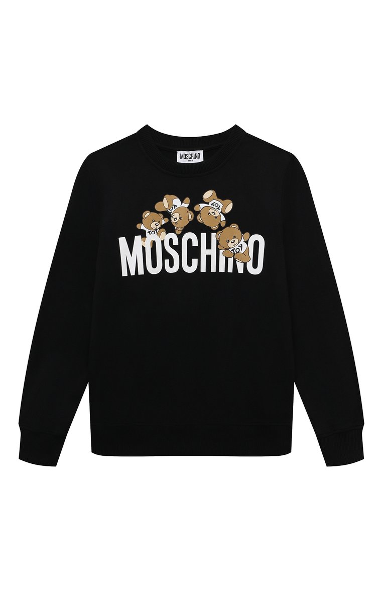 Детский хлопковый свитшот MOSCHINO черного цвета, арт. HZF05R/LCA19/10-14 | Фото 1 (Тематический товар: Teddy Bear; Рукава: Длинны�е; Материал сплава: Проставлено; Материал внешний: Хлопок; Драгоценные камни: Проставлено; Мальчики Кросс-КТ: Свитшот-одежда; Ростовка одежда: 10 - 11 лет | 140 - 146см, 12 лет | 152 см)