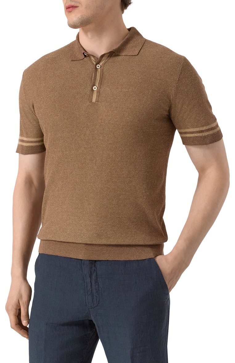 Мужск�ое поло из шелка и льна CORNELIANI бежевого цвета, арт. 25M562-2525177 | Фото 3 (Длина (для топов): Стандартные; Материал внешний: Лен, Шелк; Рукава: Короткие; Кросс-КТ: Трикотаж; Принт: Без принта; Застежка: Пуговицы; Стили: Кэжуэл)