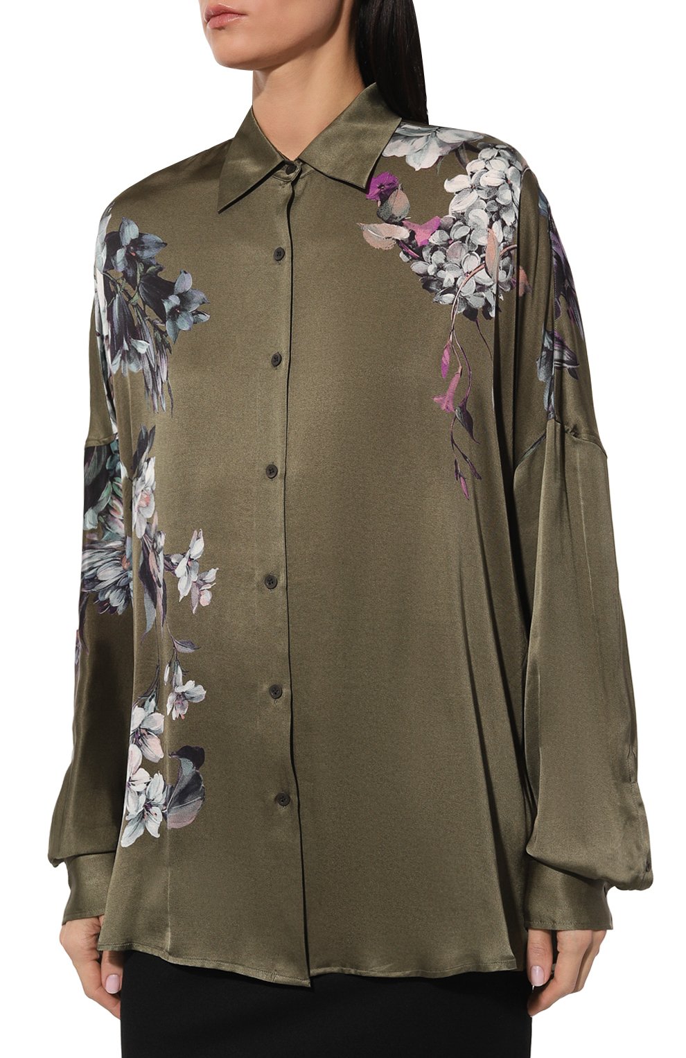 Атласная рубашка DRIES VAN NOTEN хаки цвета по цене 108500 руб., арт. 232-010709-7192, фото 3 Атласная рубашка DRIES VAN NOTEN, арт. 232-010709-7192, фото 3