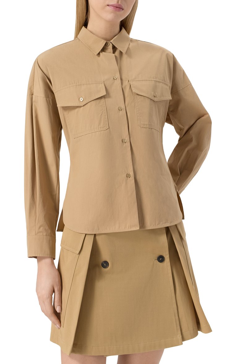 Женская хлопковая рубашка WEEKEND MAX MARA бежевого цвета, арт. SKIPPER | Фото 3 (Рукава: Длинные; Материал внешний: Хлопок; Автоматизация ТО: Проставлено; Автоматизация состава: Проставлено; Длина (для топов): Стандартные; Женское Кросс-КТ: Рубашка-одежда; Принт: Без принта; Стили: Кэжуэл)