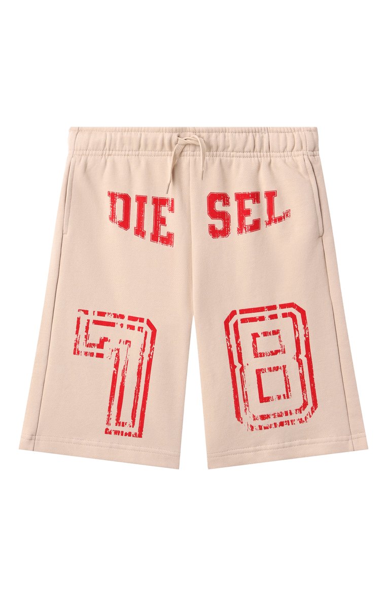 Детские хлопковые шорты DIESEL бежевого цвета, арт. J02186/KYAQK | Фото 1 (Нос: Не �проставлено; Случай: Повседневный; Материал внешний: Хлопок; Автоматизация состава: Проставлено; Ростовка одежда: 4 года | 104 см, 10 - 11 лет | 140 - 146см, 8 лет | 128 см, 13 - 15 лет | 158 см, 16 лет | 164 см, 6 лет | 116 см)