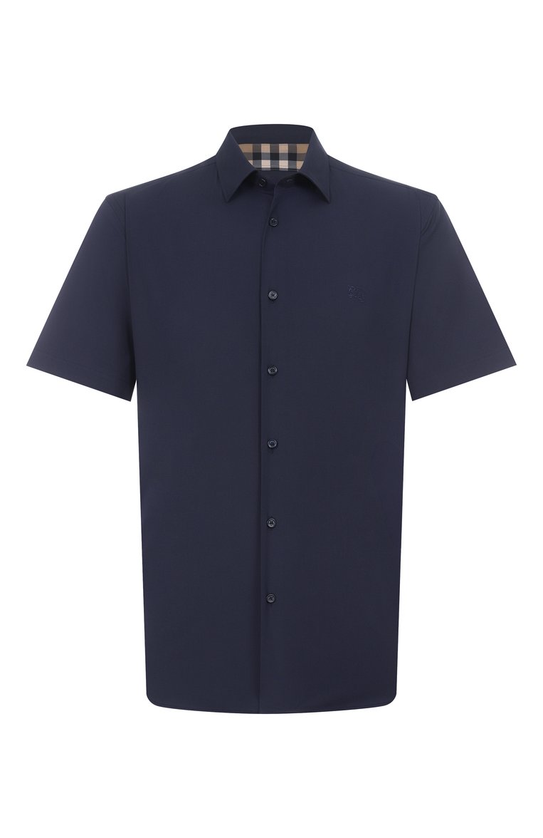 Мужская хлопковая рубашка BURBERRY темно-синего цвета, арт. 8079595 | Фото 1 (Рукава: Короткие; Длина (для топов): Стандартные; Материал внешний: Хлопок; Воротник: Кент; Принт: Однотонные; Случай: Повседневный; Стили: Кэжуэл; Автоматизация состава: Проставлено; Автоматизация ТО: Проставлено; Детали: Без декора)