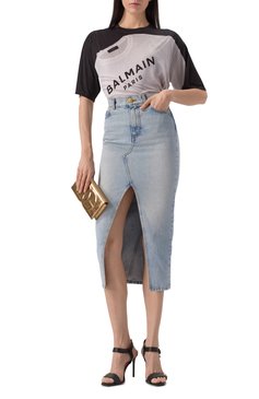 Женская джинсовая юбка BALMAIN голубого цвета, арт. EF1LD460/DF23 | Фото 2 (Драгоценные камни: Проставлено; Длина Ж (юбки, платья, шорты): Миди; Материал сплава: Проставлено; Материал внешний: Деним, Хлопок; Кросс-КТ: Деним; Стили: Кэжуэл)