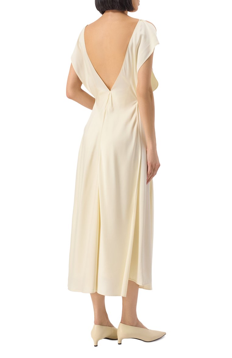 Женское атласное платье JIL SANDER кремового цвета, арт. J02CT0469-J76018 | Фото 4 (Длина Ж (юбки, платья, шорты): Миди; Материал внешний: С�интетический материал; Случай: Повседневный; Женское Кросс-КТ: Платье-одежда; Стили: Минимализм; Автоматизация состава: Проставлено; Автоматизация ТО: Проставлено; Рукава: На бретелях)
