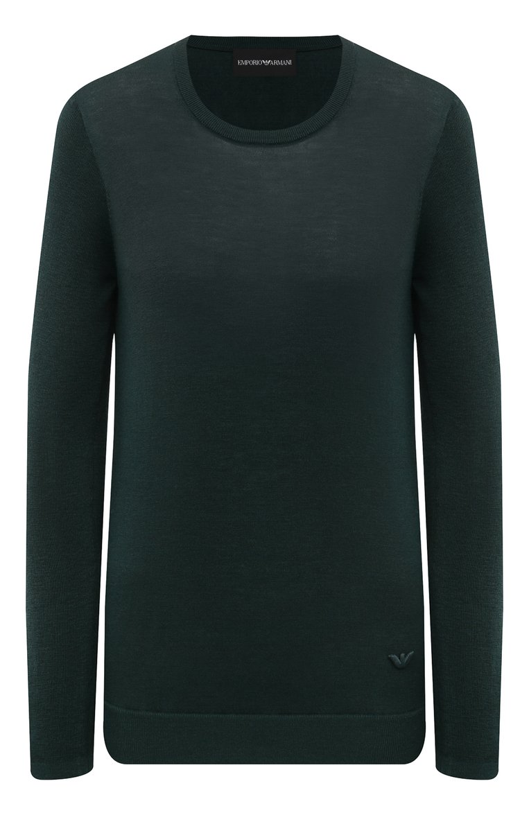 Женский пуловер из шерсти и шелка EMPORIO ARMANI темно-зеленого цвета, арт. 6D2MTE/2M01Z | Фото 1 (Длина (для топов): Удлиненные; Материал внешний: Шерсть, Шелк; Драгоценные камни: Проставлено; Материал сплава: Проставлено; Рукава: Длинные; Женское Кросс-КТ: Пуловер-одежда; Стили: Кэжуэл)