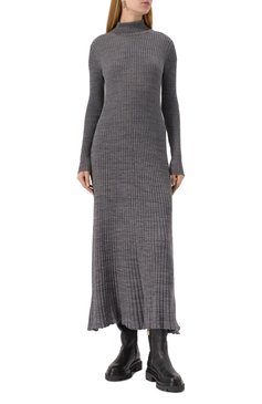 Женское шерстяное платье MONCLER серого цвета, арт. 9L000-08-M1180 | Фото 3 (Длина Ж (юбки, платья, шорты): Миди; Материал внешний: Шерсть; Стили: Кэжуэл; Случай: Повседневный; Женское Кросс-КТ: Платье-одежда; Кросс-КТ: Трикотаж; Рукава: Длинные)