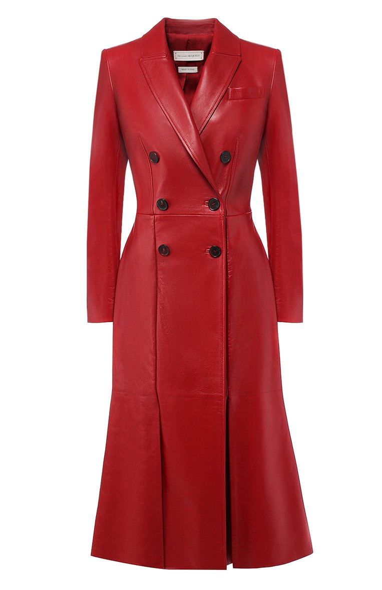 Женское кожаное пальто ALEXANDER MCQUEEN красного цвета, арт. 585005/Q5AA0 | Фото 1 (Рукава: Длинные; Материал подклада: Шелк; Женское Кросс-КТ: Замша и кожа; Длина (верхняя одежда): Длинные; Статус проверки: Проверена категория; 1-2-бортные: Двубортные; Материал внешний: Натуральная кожа; Ювелирные украшения: Назначено)