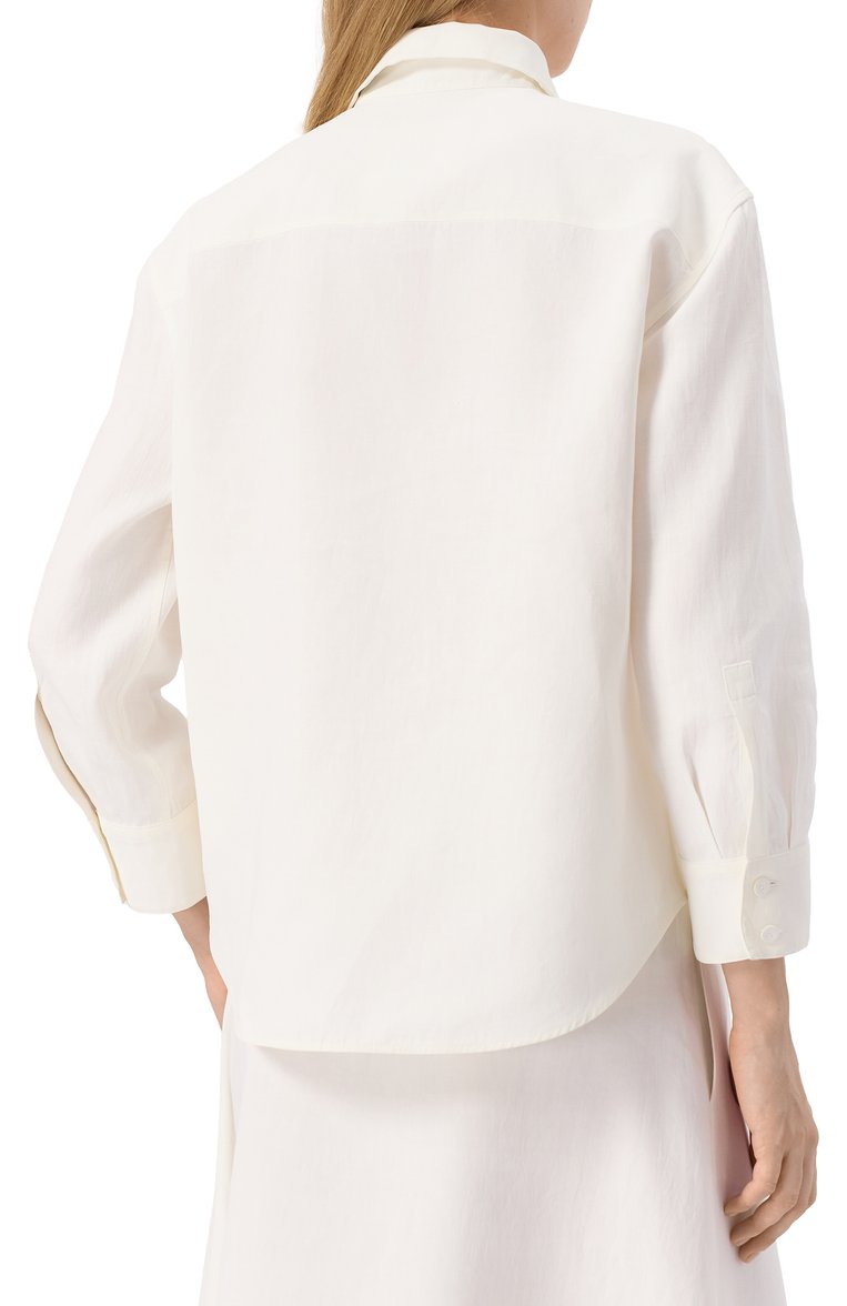 Женская льняная рубашка JIL SANDER молочного цвета, арт. J02DL0205/J60001 | Фото 4 (Материал внешний: Лен; Материал сплава: Проставлено; Рукава: Длинные; Длина (для топов): Стандартные; Драгоценные камни: Проставлено; Женское Кросс-КТ: Рубашка-одежда; Принт: Без принта; Стили: Классический; Кросс-КТ: костюм)