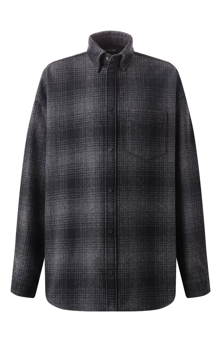 Мужская шерстяная рубашка BALENCIAGA темно-серого цвета, арт. 725377/TRU17 | Фото 1 (Рукава: Длинные; Длина (для топов): Удлиненные; Материал внешний: Шерсть; Драгоценные камни: Проставлено; Материал сплава: Проставлено; Манжеты: На пуговицах; Случай: Повседневный; Воротник: Button down; Принт: Клетка; Стили: Гранж)