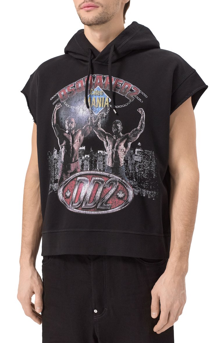 Мужской хлопковое худи DSQUARED2 черного цвета, арт. S71GU0721/S25551 | Фото 3 (Длина (для топов): Стандартные; Рукава: Короткие; Принт: С принтом; Мужское Кросс-КТ: Худи-одежда; Стили: Спорт-шик; Материал внешний: Хлопок)