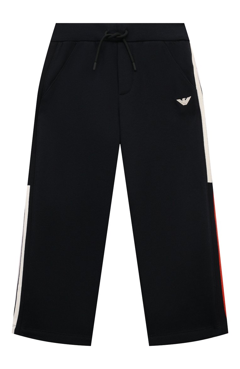 Детские хлопковые брюки EMPORIO ARMANI темно-синего цвета, арт. 6D4PJE/1JWPZ | Фото 1 (Нос: Не проставлено; Материал сплава: Проставлено; Материал внешний: Хлопок; Мальчики Кросс-КТ: Брюки-спорт; Случай: Повседневный; Ростовка одежда: 4 года | 104 см, 7 лет | 122 см, 8 лет | 128 см, 10 - 11 лет | 140 - 146см, 13 - 15 лет | 158 см, 16 лет | 164 см, 6 лет | 116 см, 5 лет | 110 см)