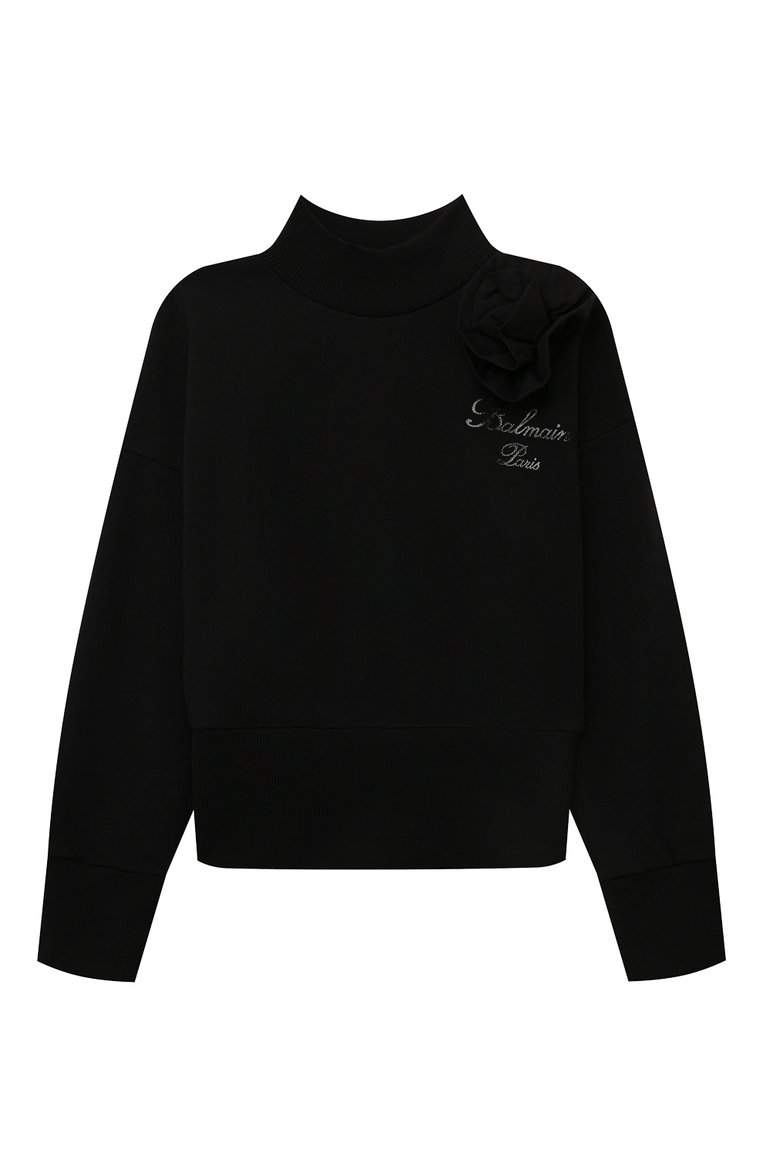 Детский хлопковый свитшот BALMAIN черного цвета, арт. BV4A10 | Фото 1 (Рукава: Длинные; Материал внешний: Хлопок; Драгоценные камни: Проставлено; Материал сплава: Проставлено; Девочки Кросс-КТ: Свитшот-одежда; Ростовка одежда: 8 лет | 128 см, 12 лет | 152 см, 16 лет | 164 см, 13 - 15 лет | 158 см, 6 лет | 116 см, 10 - 11 лет | 140 - 146см)