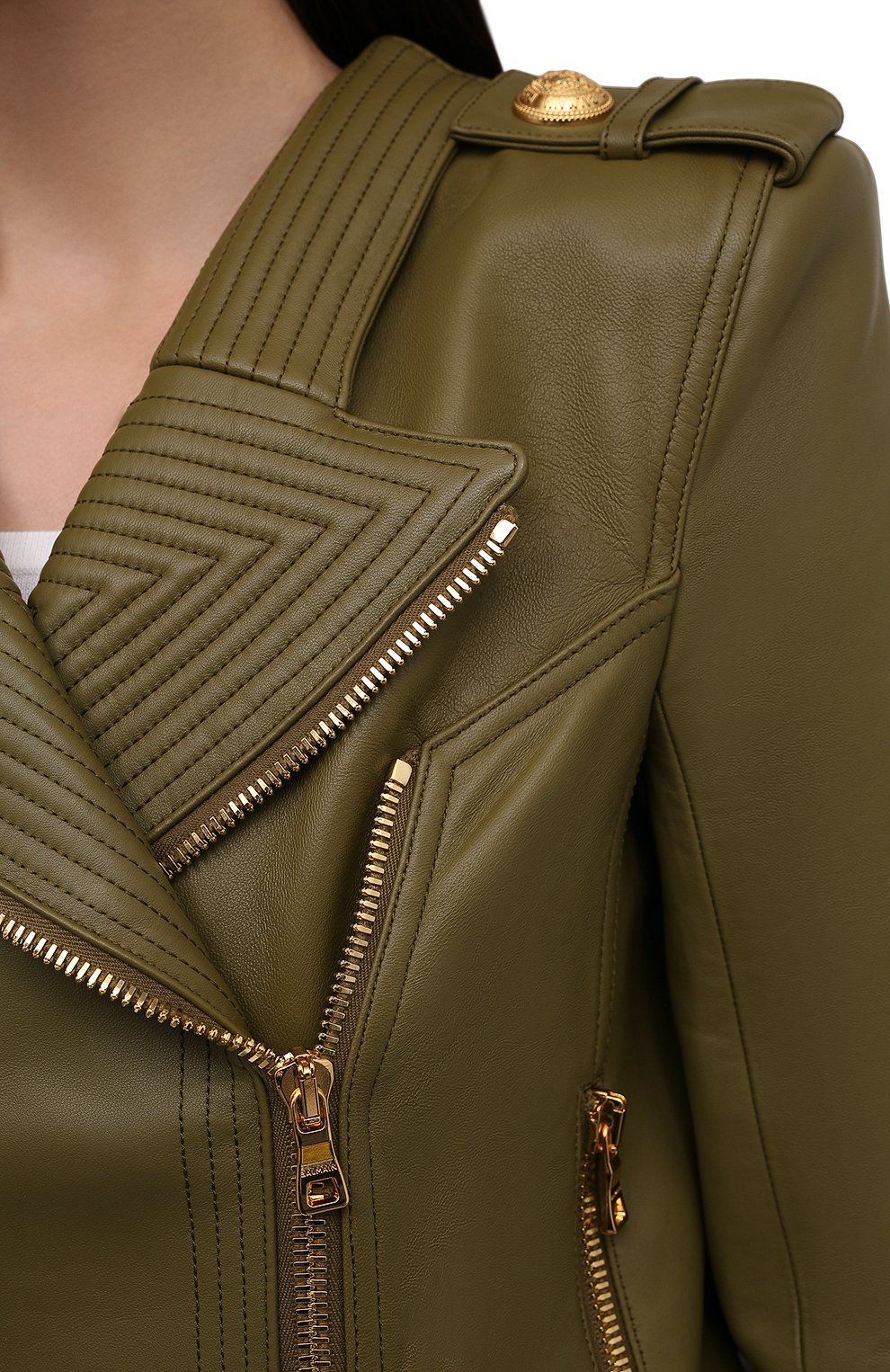 Кожаная куртка BALMAIN хаки цвета по цене 238500 руб., арт. WF0TD000/L183, фото 5 Кожаная куртка BALMAIN, арт. WF0TD000/L183, фото 5