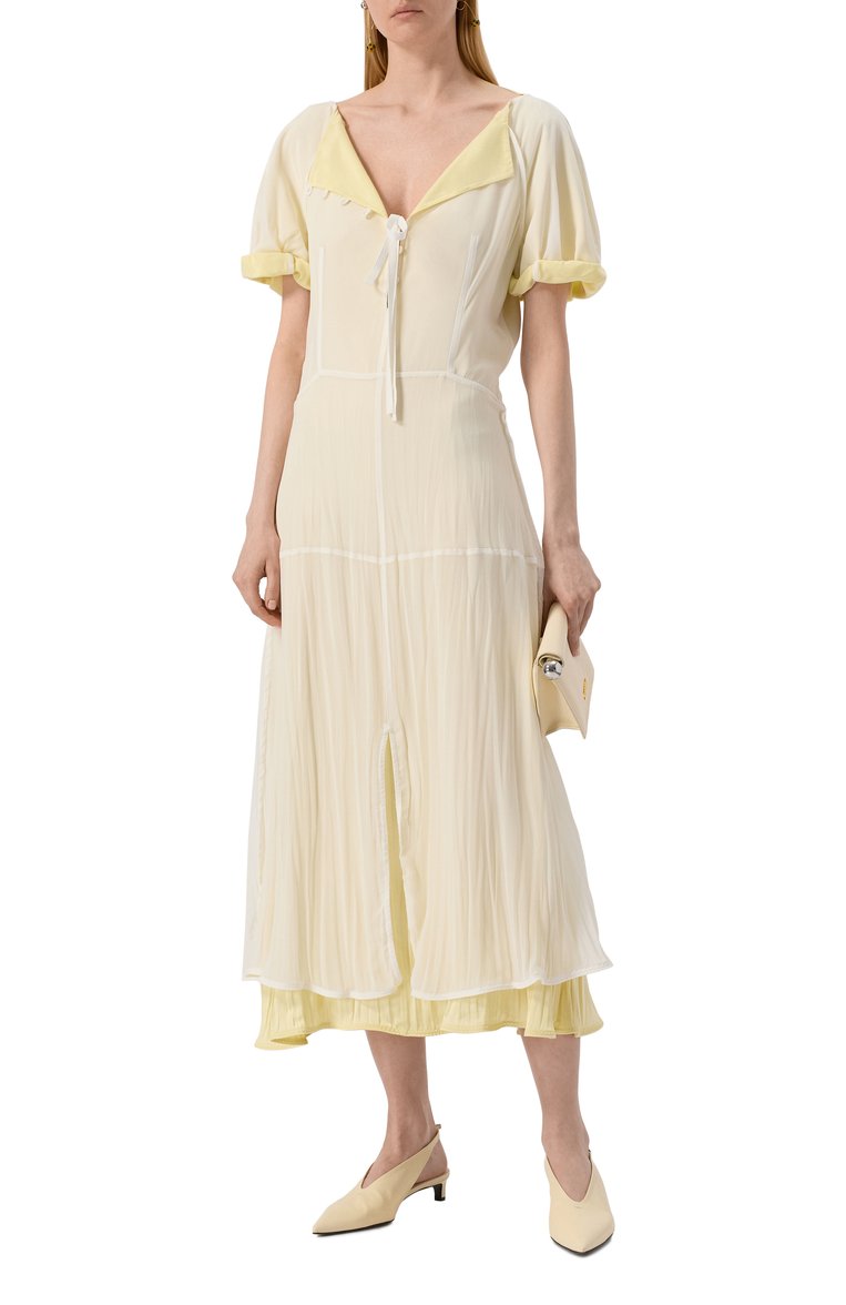 Женское шелковое платье JIL SANDER  цвета, арт. J03CT0460/J55081 | Фото 2 (Рукава: Короткие; Материал внешний: Шелк; Автоматизация ТО: Проставлено; Длина Ж (юбки, платья, шорты): Миди; Автоматизация состава: Проставлено; Женское Кросс-КТ: Платье-одежда; Случай: Повседневный; Стили: Кэжуэл)