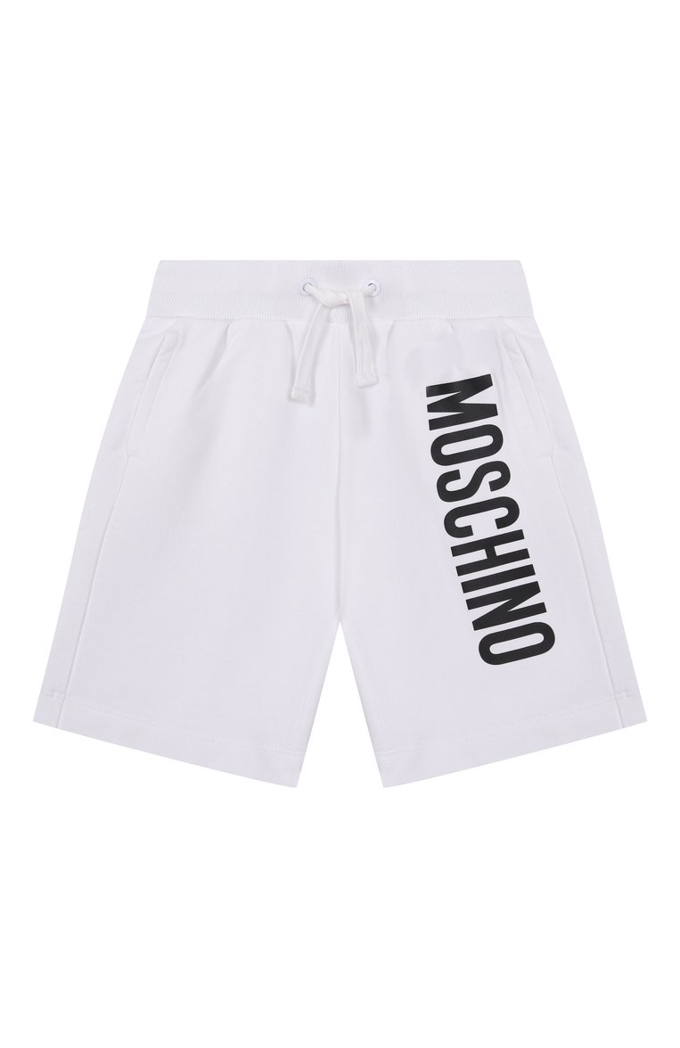 Детские хлопковые шорты MOSCHINO белого цвета, арт. HUQ02F/LDA25/10-14 | Фото 1 (Нос: Не проставлено; Материал внешний: Хлопок; Мальчики Кросс-КТ: Шорты-спорт; Случай: Повседневный; Ростовка одежда: 10 - 11 лет | 140 - 146см, 12 лет | 152 см, 16 лет | 164 см)