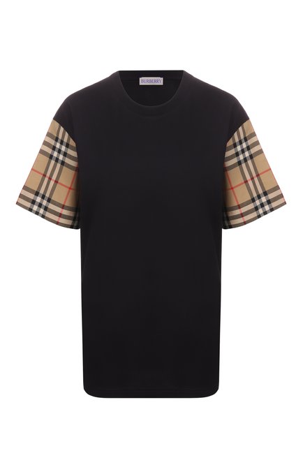 Женская хлопковая футболка BURBERRY черного цвета, арт. 8073028 | Фото 1 (Драгоценные камни: Проставлено; Материал внешний: Хлопок; Рукава: Короткие; Длина (для топов): Стандартные; Материал сплава: Проставлено)