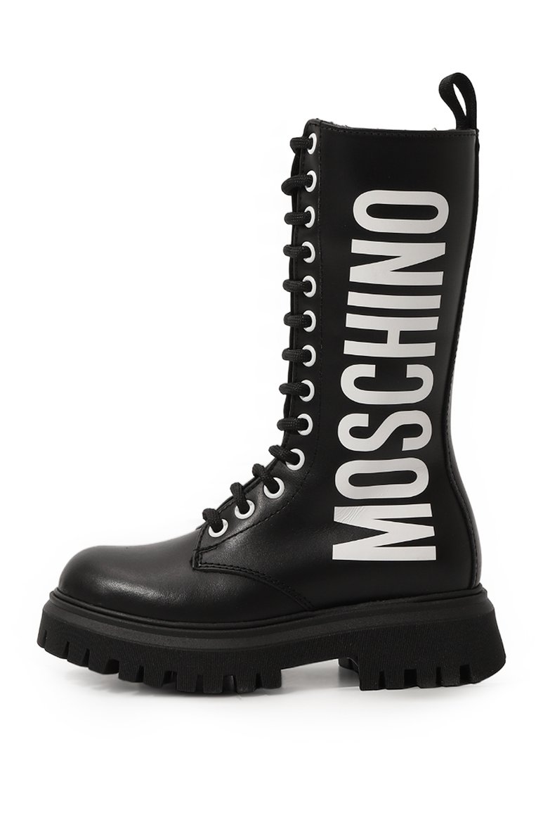 Детские кожаные ботинки MOSCHINO черного цвета, арт. 76036/28-35 | Фото 2 (Нос: Не проставлено; Материал внутренний: Текстиль; Материал внешний: Натуральная кожа; Автоматизация состава: Проставлено)