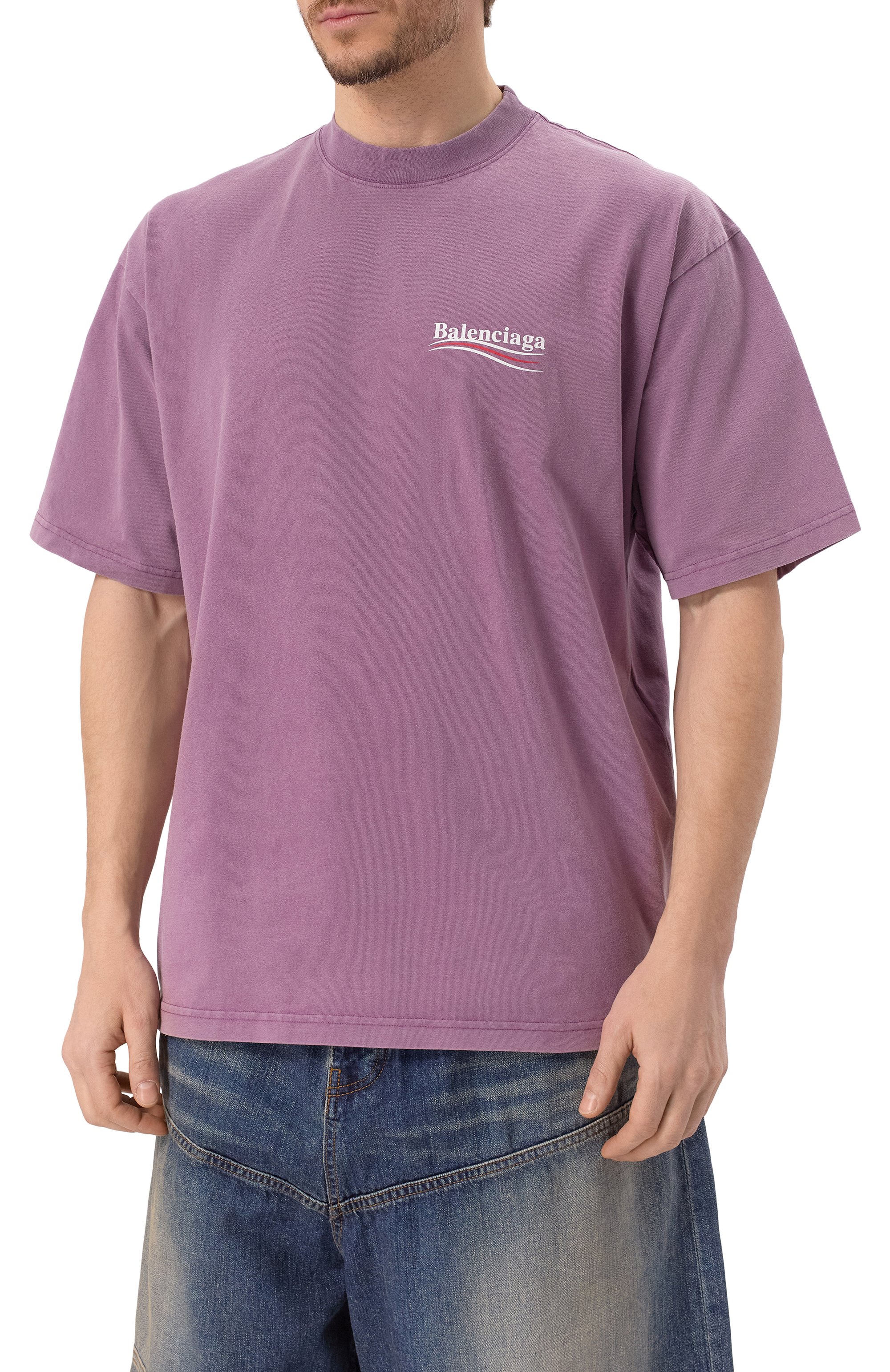 Хлопковая футболка BALENCIAGA сиреневого цвета по цене 83150 руб., арт. 764235/TNVG5, фото 3 Хлопковая футболка BALENCIAGA, арт. 764235/TNVG5, фото 3