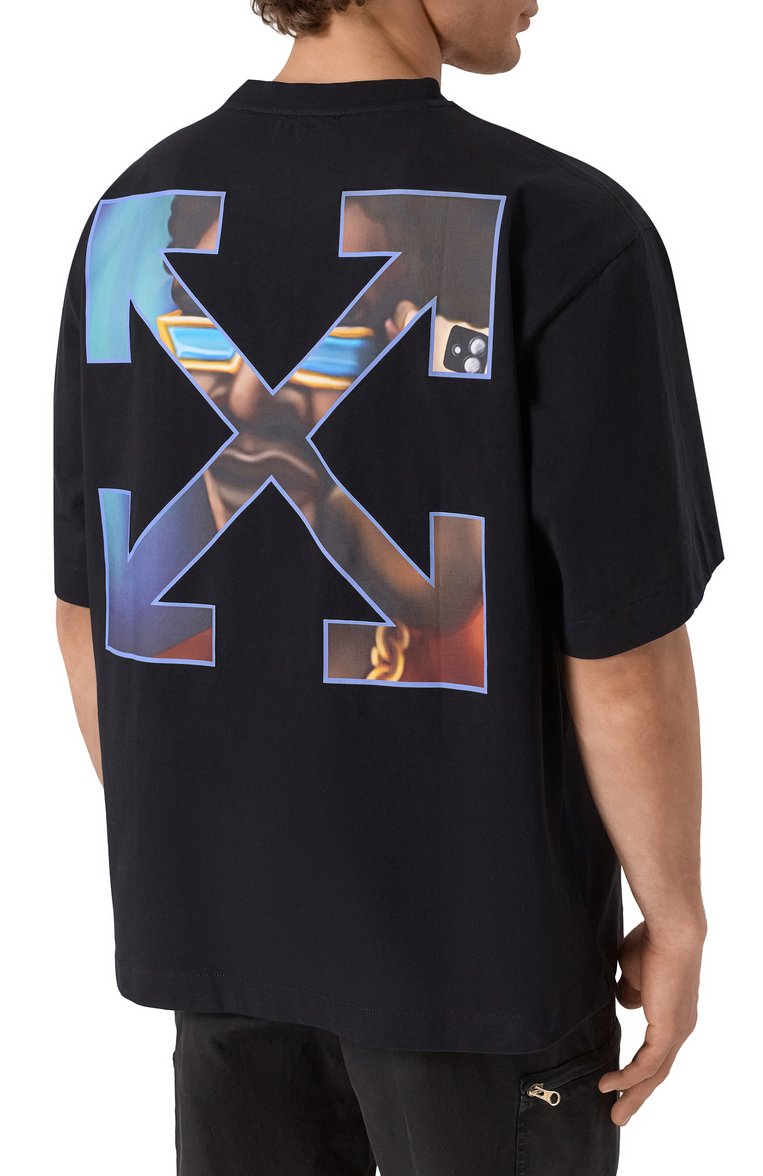 Мужская хлопковая футболка OFF-WHITE черного цвета, арт. 0MAA120S25JER00G | Фото 4 (Рукава: Короткие; Стили: Кэжуэл; Длина (для топов): Стандартные; Автоматизация состава: Проставлено; Мужское Кросс-КТ: Футболка-одежда; Детали: Без декора; Автоматизация ТО: Проставлено; Принт: С принтом; Материал внешний: Хлопок)