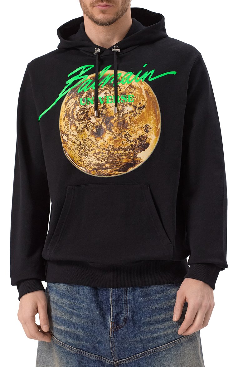 Мужской хлопковое худи BALMAIN черного цвета, арт. EH0JT047GE78 | Фото 3 (Материал внешний: Хлопок; Длина (для топов): �Стандартные; Рукава: Длинные; Мужское Кросс-КТ: Худи-одежда; Стили: Кэжуэл; Принт: С принтом)