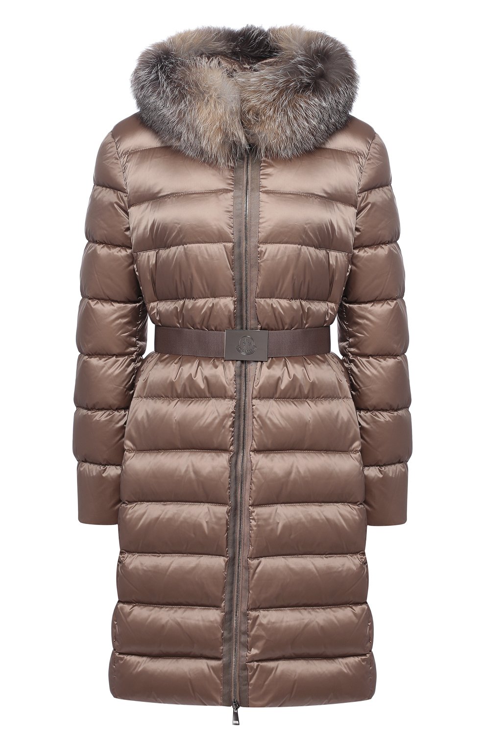Пуховик с поясом и меховой отделкой капюшона MONCLER бежевого цвета по цене 125500 руб., арт. D2-093-49330-20-57869, фото 1 Пуховик с поясом и меховой отделкой капюшона MONCLER, арт. D2-093-49330-20-57869, фото 1