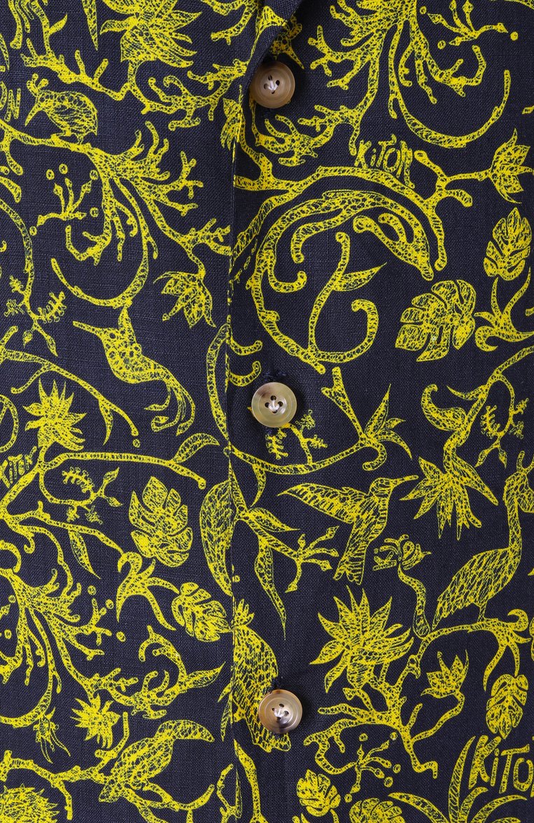 Мужская льняная рубашка KITON желтого цвета, арт. UMC028H0930401 | Фото 6 (Рукава: Короткие; Драгоценные камни: Проставлено; Материал внешний: Лен; Длина (для топов): Стандартные; Материал сплава: Проставлено; Стили: Кэжуэл; Случай: Повседневный; Воротник: Отложной; Принт: С принтом)