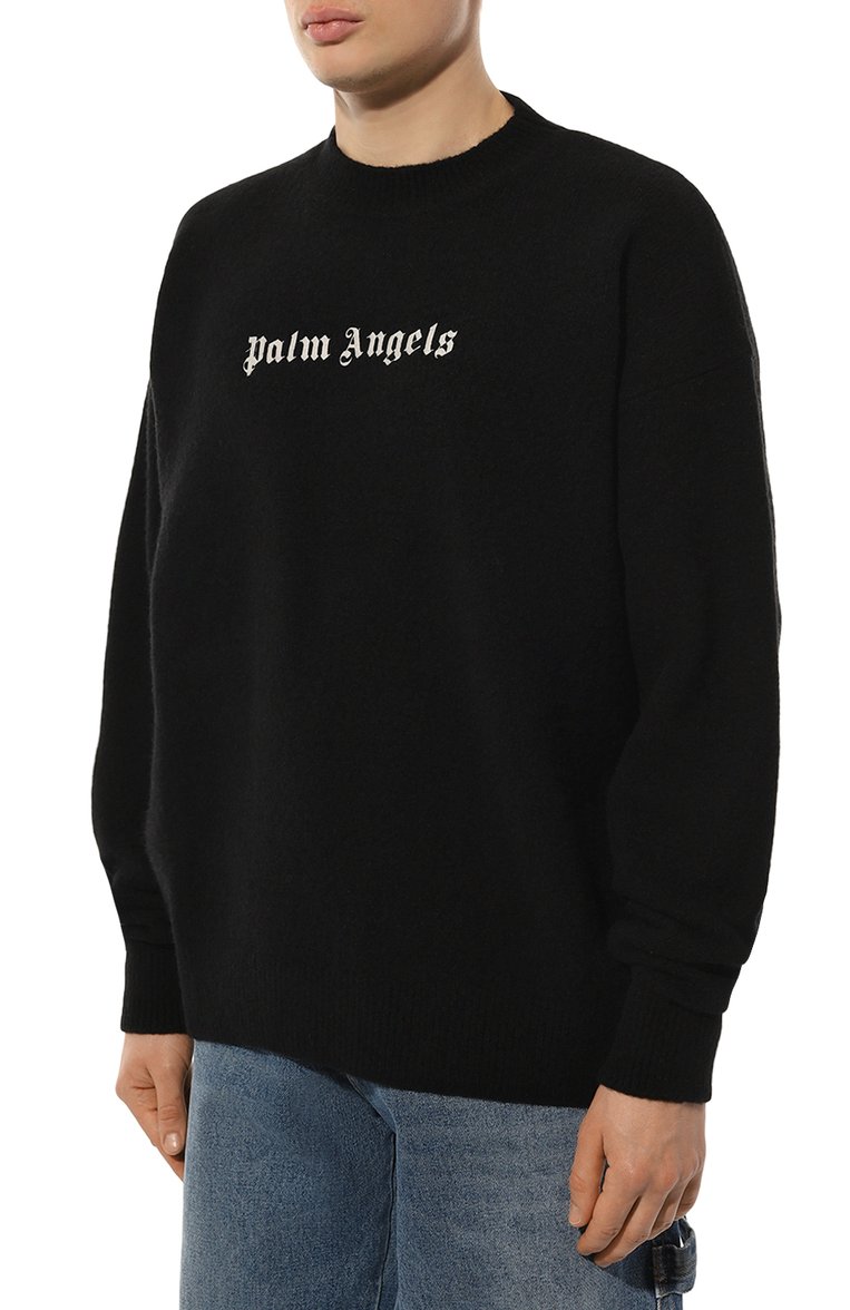 Мужской джемпер из шерсти и кашемира PALM ANGELS черного цвета, арт. PMHE054F23KNI0041001 | Фото 3 (Материал сплава: Проставлено; Драгоценные камни: Проставлено; Длина (для топов): Стандартные; Рукава: Длинные; Материал внешний: Шерсть; Вырез: Круглый; Мужское Кросс-КТ: Джемперы; Стили: Кэжуэл; Принт: С принтом)