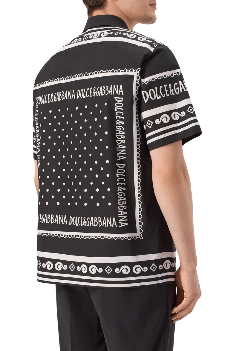 Мужская хлопковая рубашка DOLCE & GABBANA черно-белого цвета, арт. G5LG9T/FI5KQ | Фото 4 (Материал внешний: Хлопок; Рукава: Короткие; Длина (для топов): Стандартные; Принт: С принтом; Случай: Повседневный; Воротник: Кент; Стили: Гламурный; Автоматизация состава: Проставлено; Автоматизация ТО: Проставлено; Размерность: Идёт в размер; Детали: Без декора)