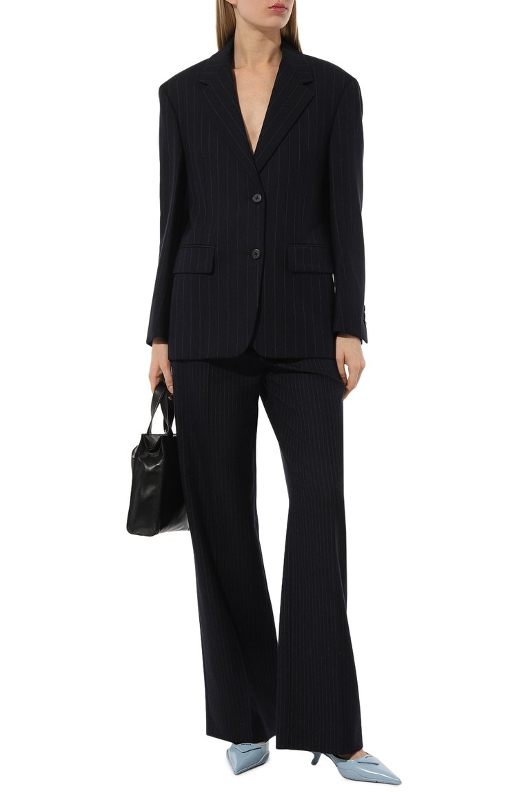 Женский шерстяной жакет PRADA синего цвета, арт. P599L-1ZM5-F0008-212 | Фото 2 (Длина (для топов): Удлиненные; Рукава: Длинные; Материал внешний: Шерсть; Женское Кросс-КТ: Жакет-одежда; 1-2-бортные: Однобортные)