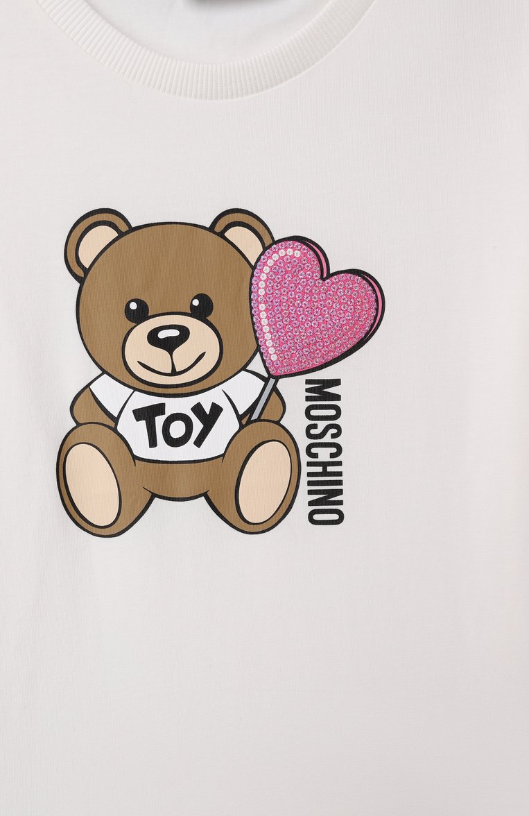Детская хлопковая футболка MOSCHINO молочного цвета, арт. HDM06K/LBA00/10-14 | Фото 3 (Рукава: Короткие; Девочки Кросс-КТ: футболка-одежда; Тематический товар: Teddy Bear; Материал внешний: Хлопок; Автоматизация состава: Проставлено; Автоматизация ТО: Проставлено; Ростовка одежда: 10 - 11 лет | 140 - 146см, 12 лет | 152 см, 16 лет | 164 см)