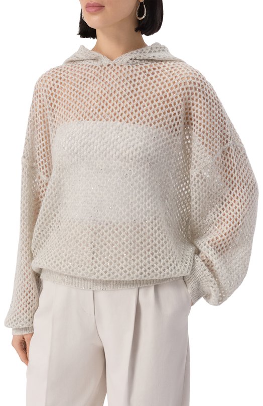 Худи из шерсти и хлопка Brunello Cucinelli MPS732409P Серый  MPS732409P Фото 3