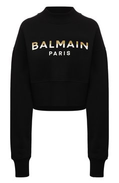 Женский хлопковый свитшот BALMAIN черного цвета, арт. BF0J0042/BC55 | Фото 1 (Рукава: Длинные; Материал сплава: Проставлено; Материал внешний: Хлопок; Стили: Спорт-шик; Драгоценные камни: Проставлено; Длина (для топов): Укороченные; Женское Кросс-КТ: Свитшот-одежда)