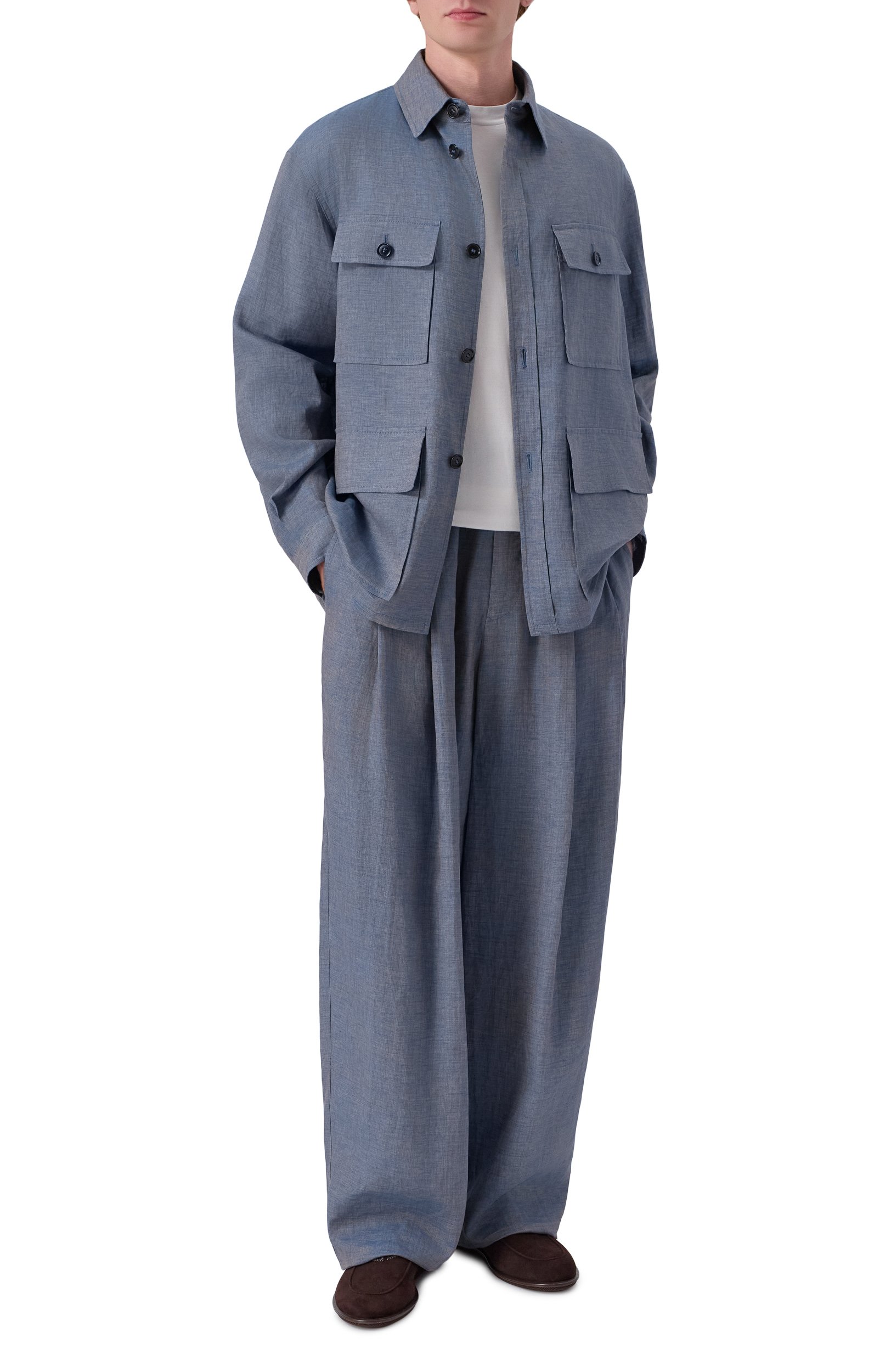 Льняная куртка-рубашка GIORGIO ARMANI голубого цвета по цене 269500 руб., арт. GM004078/TE23125, фото 2 Льняная куртка-рубашка GIORGIO ARMANI, арт. GM004078/TE23125, фото 2