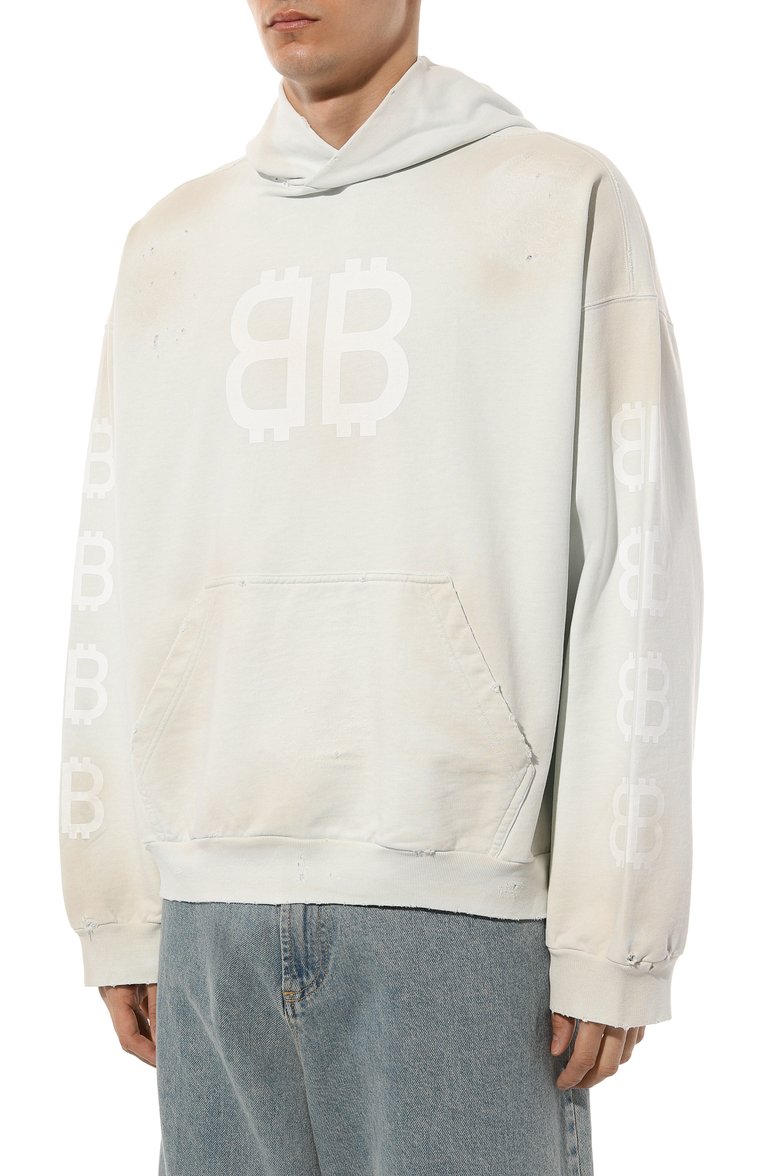 Мужской хлопковое худи BALENCIAGA кремового цвета, арт. 742603/T0VU7 | Фото 3 (Материал сплава: Проставлено; Драгоценные камни: Проставлено; Материал внешний: Хлопок; Длина (для топов): Стандартные; Рукава: Длинные; Принт: С принтом; Стили: Спорт-шик; Мужское Кросс-КТ: Худи-одежда)