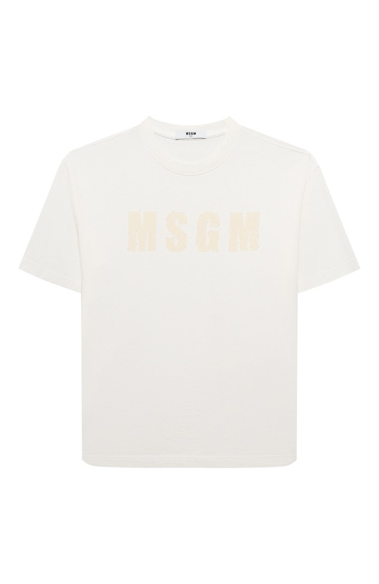 Детская хлопковая футболка MSGM KIDS кремвого цвета, арт. F3MSJUTH181 | Фото 1 (Драгоценные камни: Проставлено; Материал внешний: Хлопок; Рукава: Короткие; Материал сплава: Проставле�но; Девочки Кросс-КТ: футболка-одежда)