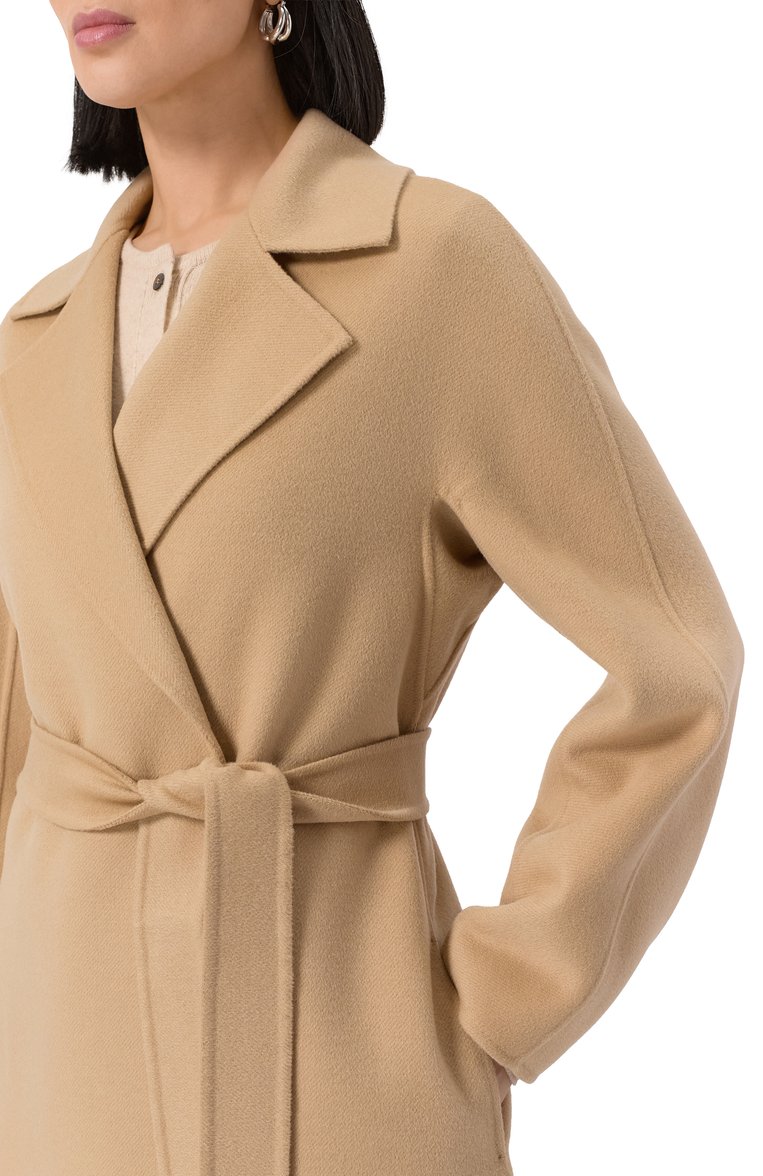 Женское шерстяное пальто MAX MARA STUDIO бежевого цвета, арт. CLES | Фото 5 (Материал внешний: Шерсть; Автоматизация состава: Проставлено; Автоматизация ТО: Проставлено; Длина (верхняя одежда): До колена; Рукава: Длинные; 1-2-бортные: Однобортные; Стили: Классический)