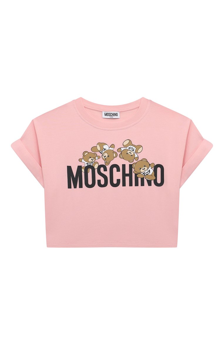 Детская хлопковая футболка MOSCHINO светло-розового цвета, арт. HDM068/LBA00/4-8 | Фото 1 (Девочки Кросс-КТ: футболка-одежда; Рукава: Короткие; Материал сплава: Проставлено; Материал внешний: Хлопок; Драгоценные камни: Проставлено; Ростовка одежда: 4 года | 104 см, 6 лет | 116 см, 8 лет | 128 см, 5 лет | 110 см)